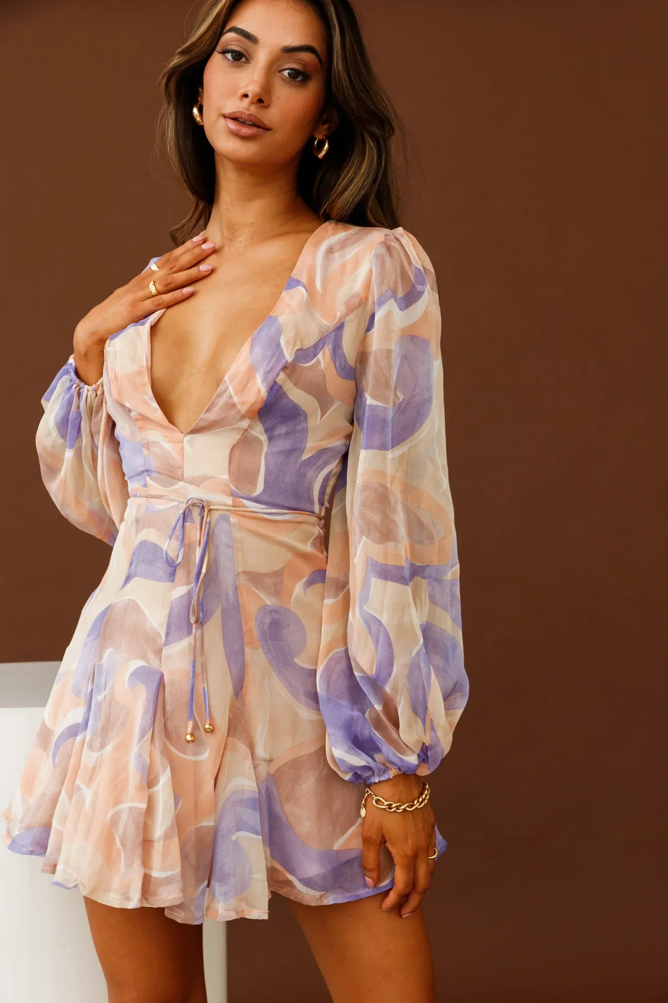 Estelle Long Sleeve V-Neckline Dress Swirl Print Nude/Purple