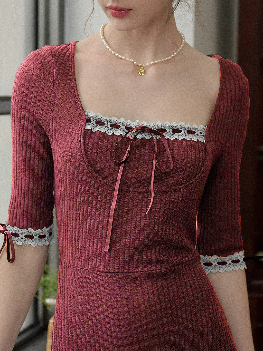 【Final Sale】Eleanora Elegant Square Collar Lace-up Knit Dress