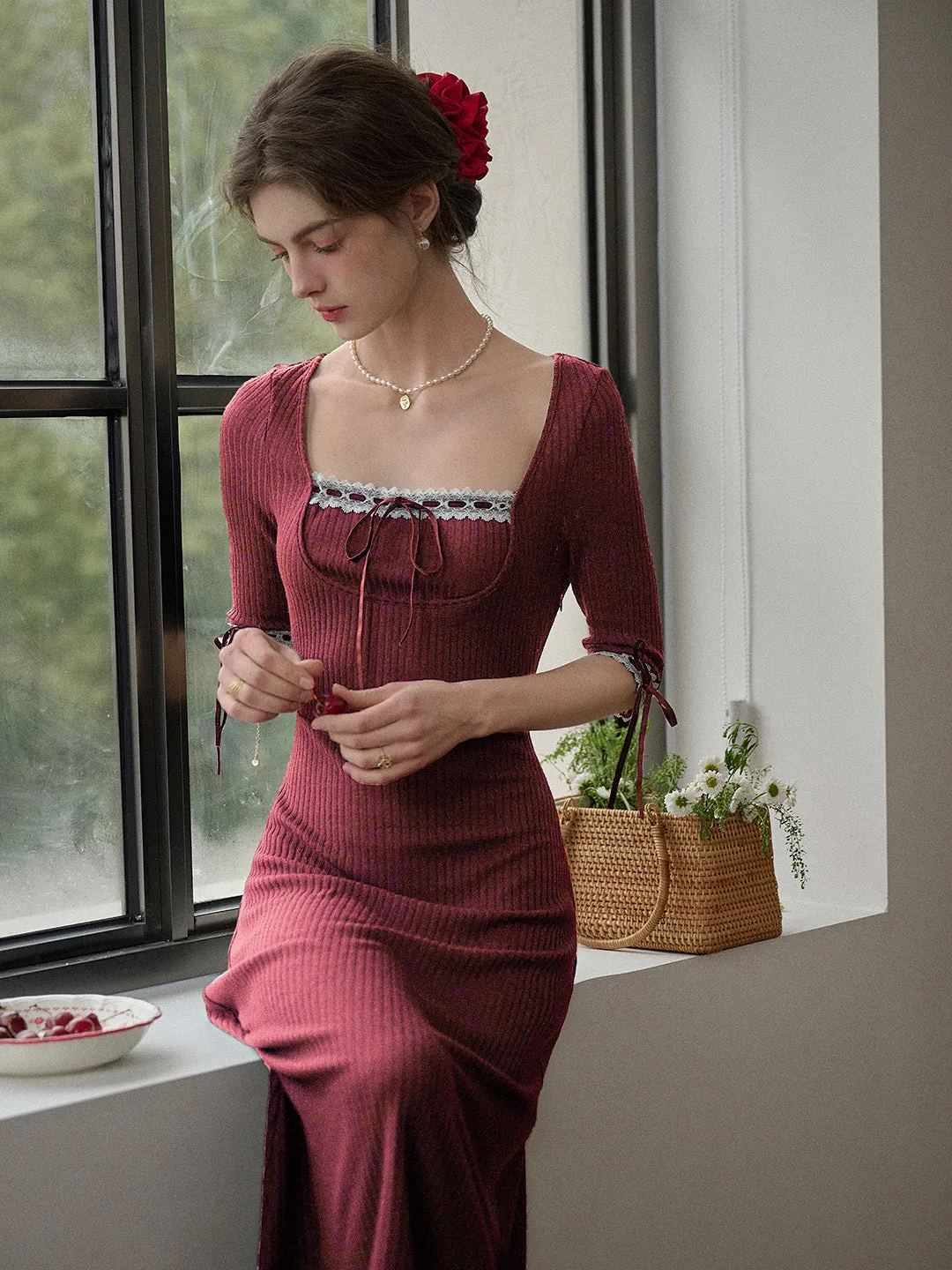 【Final Sale】Eleanora Elegant Square Collar Lace-up Knit Dress