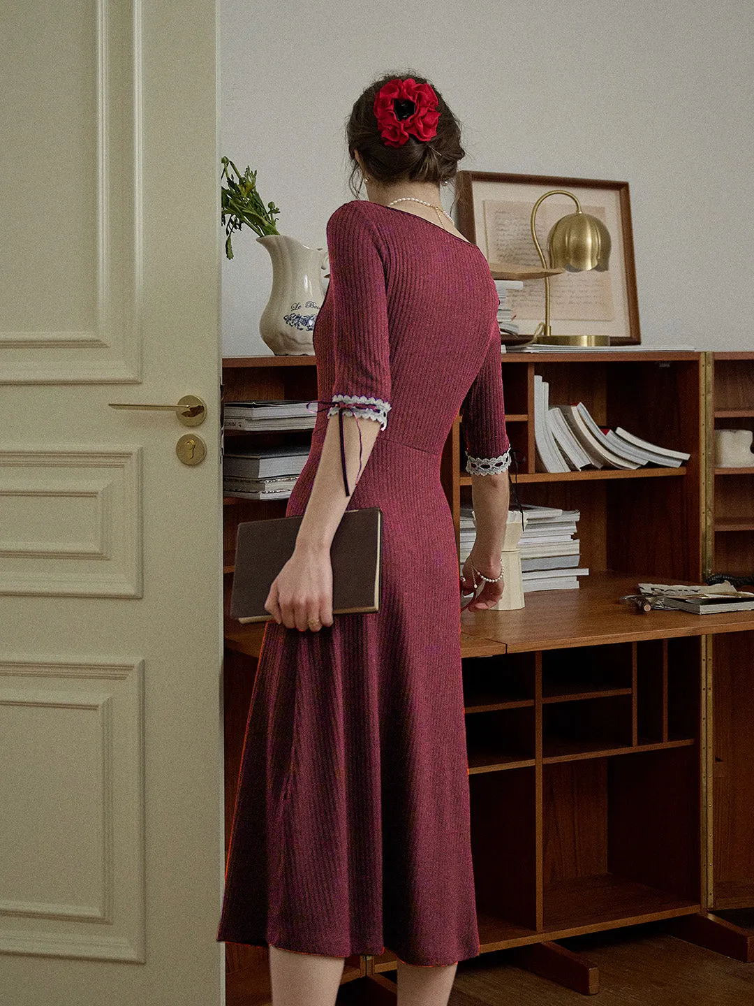 【Final Sale】Eleanora Elegant Square Collar Lace-up Knit Dress