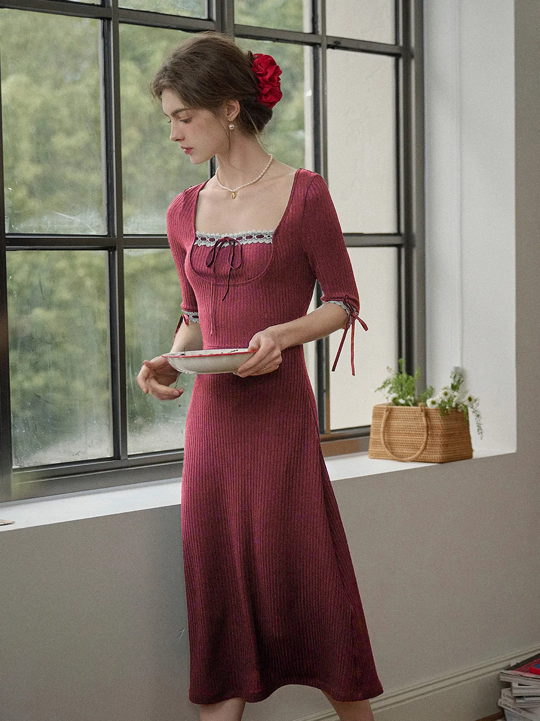 【Final Sale】Eleanora Elegant Square Collar Lace-up Knit Dress