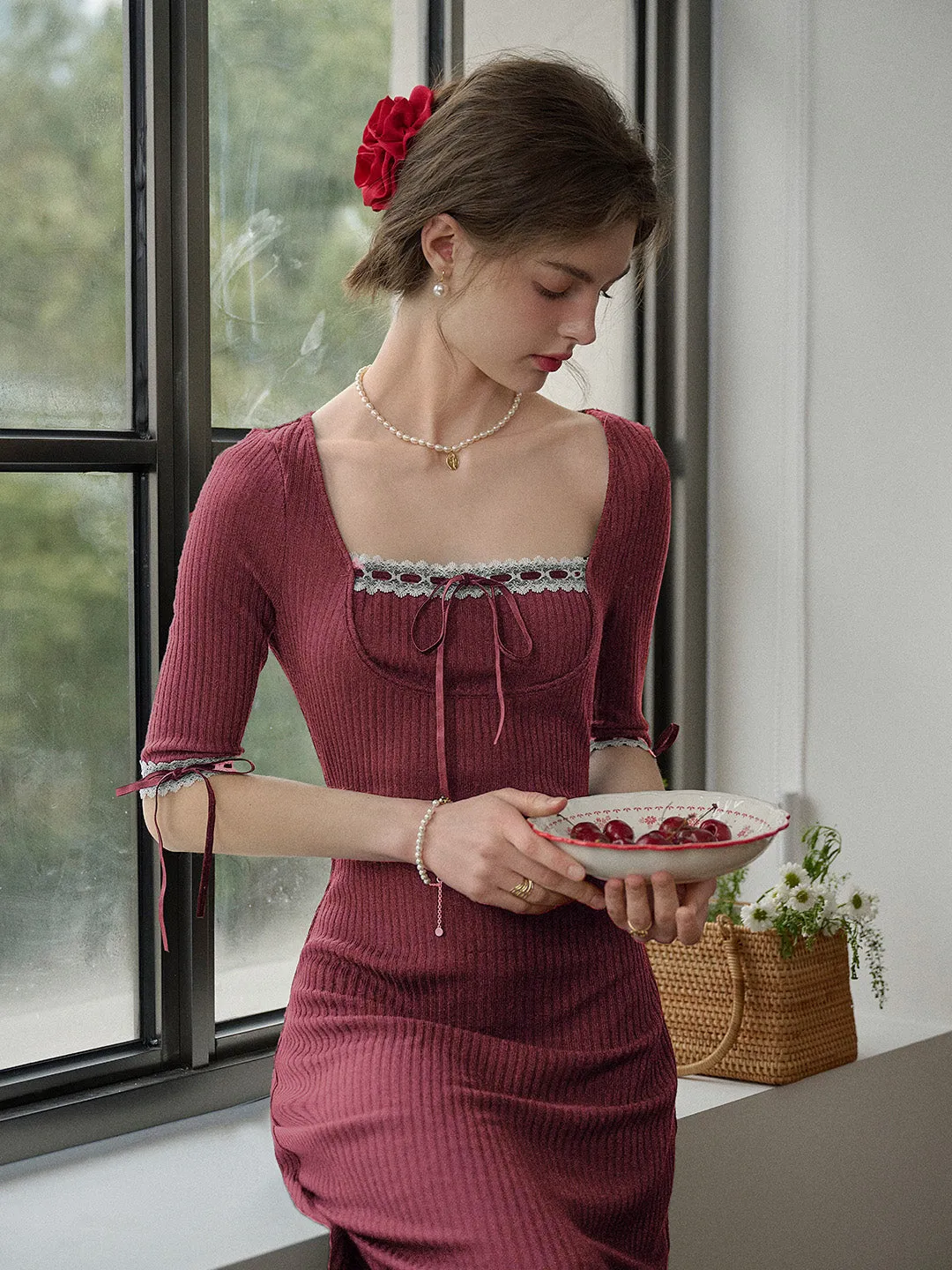 【Final Sale】Eleanora Elegant Square Collar Lace-up Knit Dress