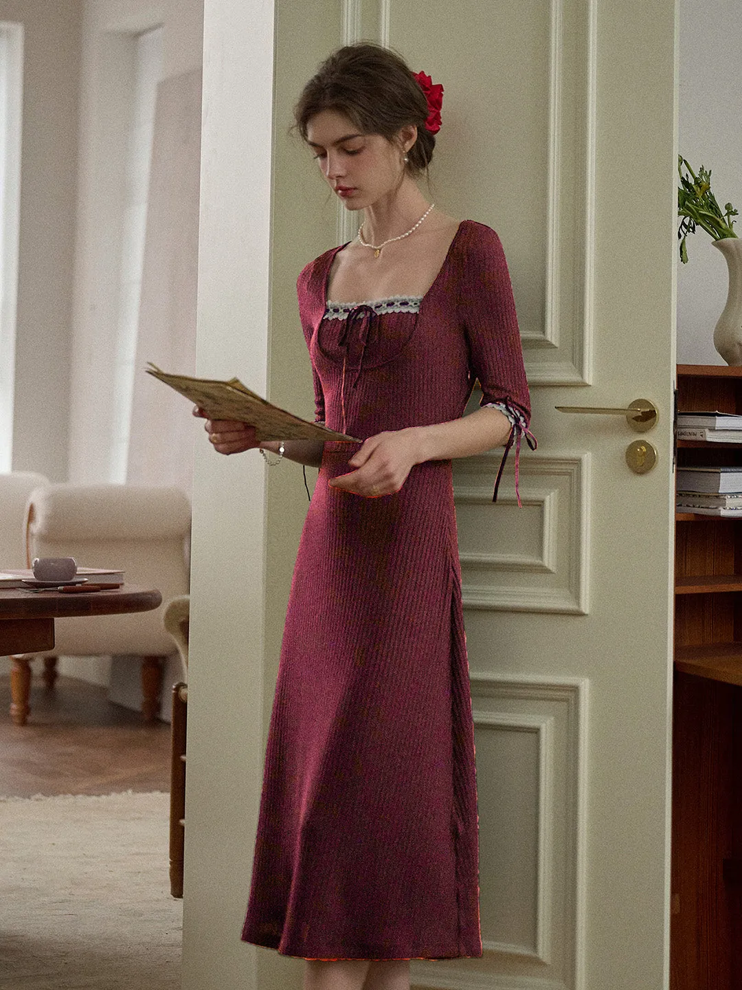 【Final Sale】Eleanora Elegant Square Collar Lace-up Knit Dress