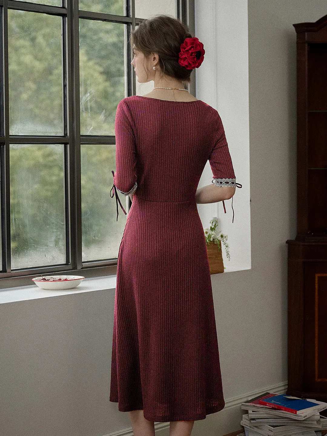 【Final Sale】Eleanora Elegant Square Collar Lace-up Knit Dress