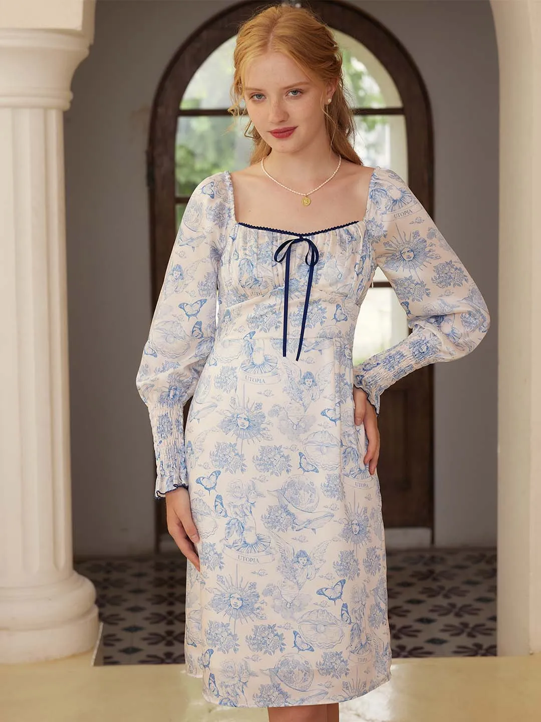【Final Sale】Mila Elegant Square Neck Contrast Print Dress