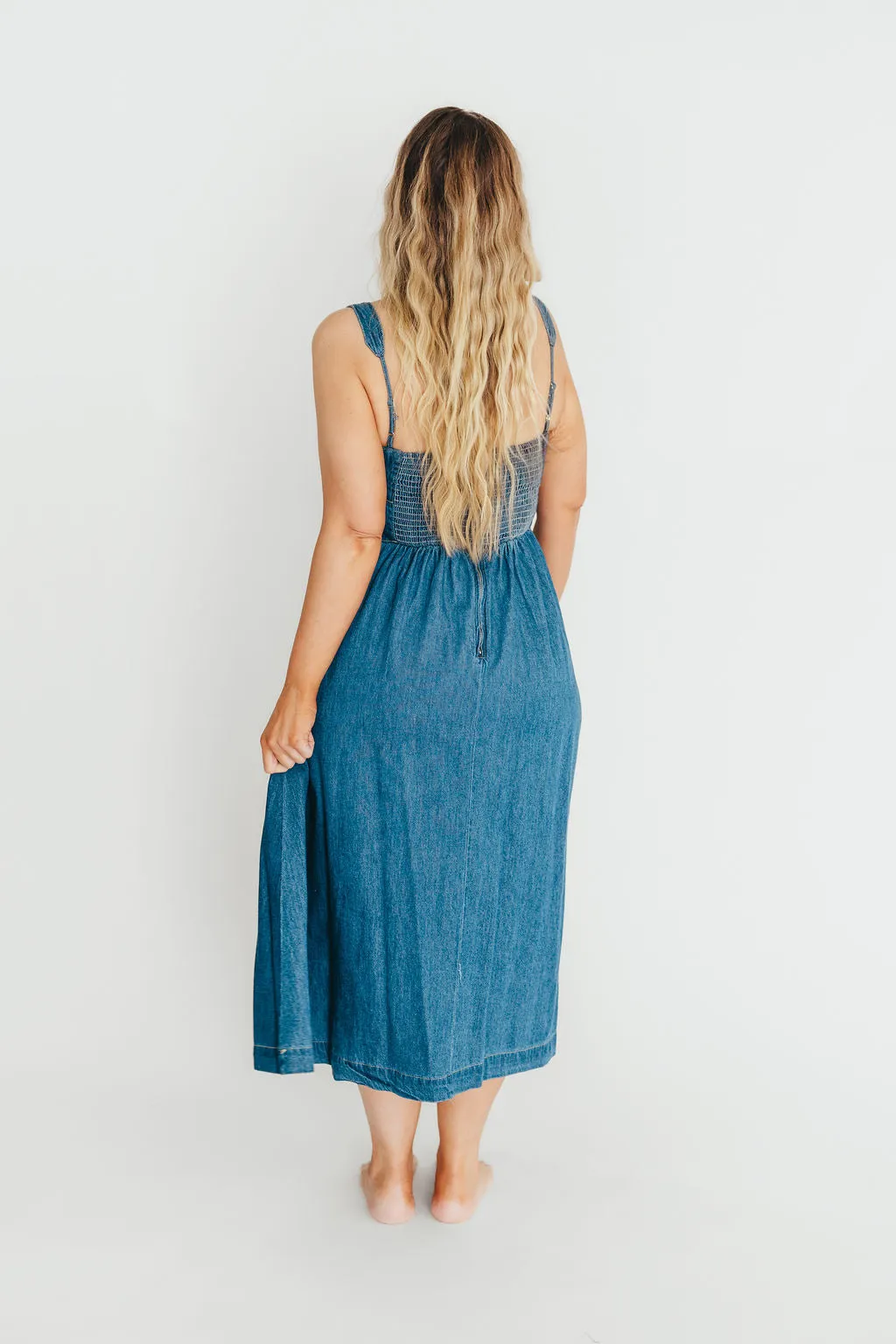 Frankie 100% Cotton Bustier Midi Dress in Denim