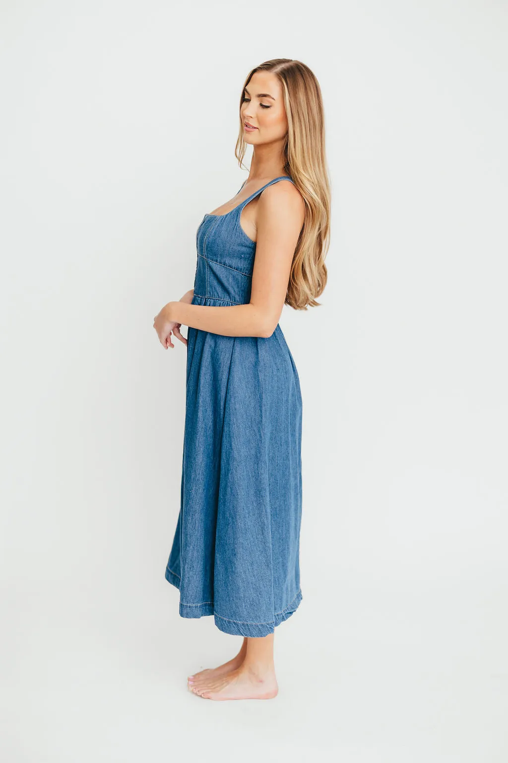 Frankie 100% Cotton Bustier Midi Dress in Denim