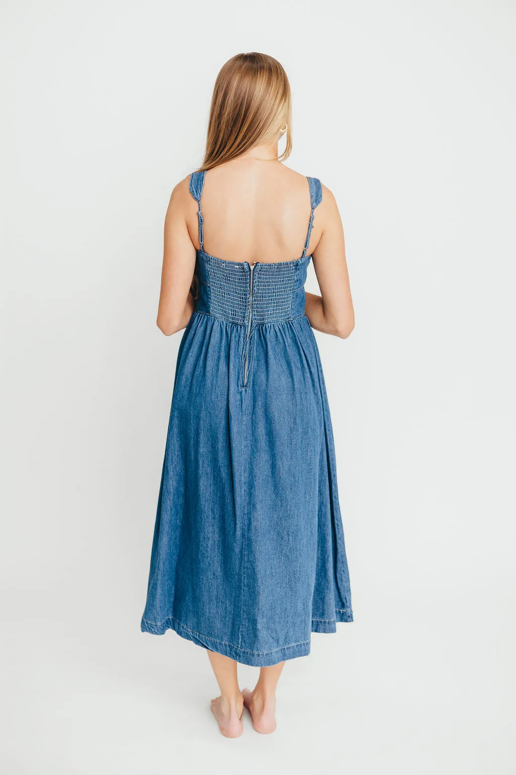 Frankie 100% Cotton Bustier Midi Dress in Denim