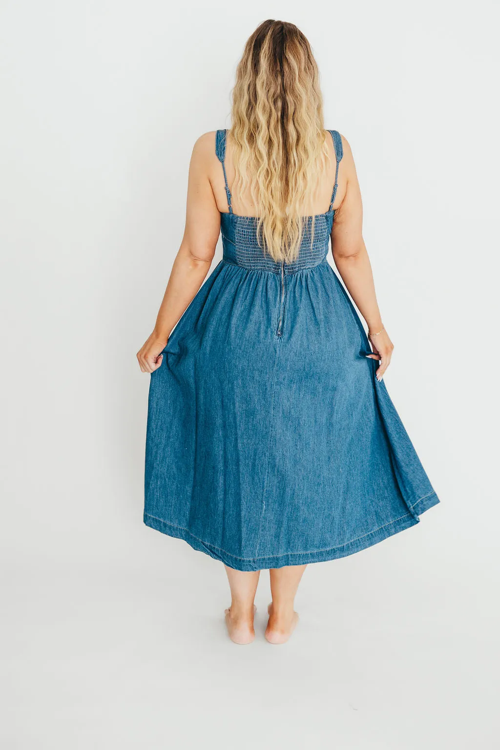 Frankie 100% Cotton Bustier Midi Dress in Denim