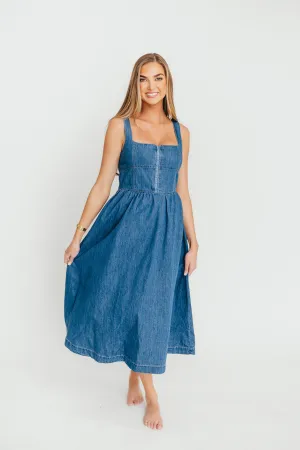 Frankie 100% Cotton Bustier Midi Dress in Denim