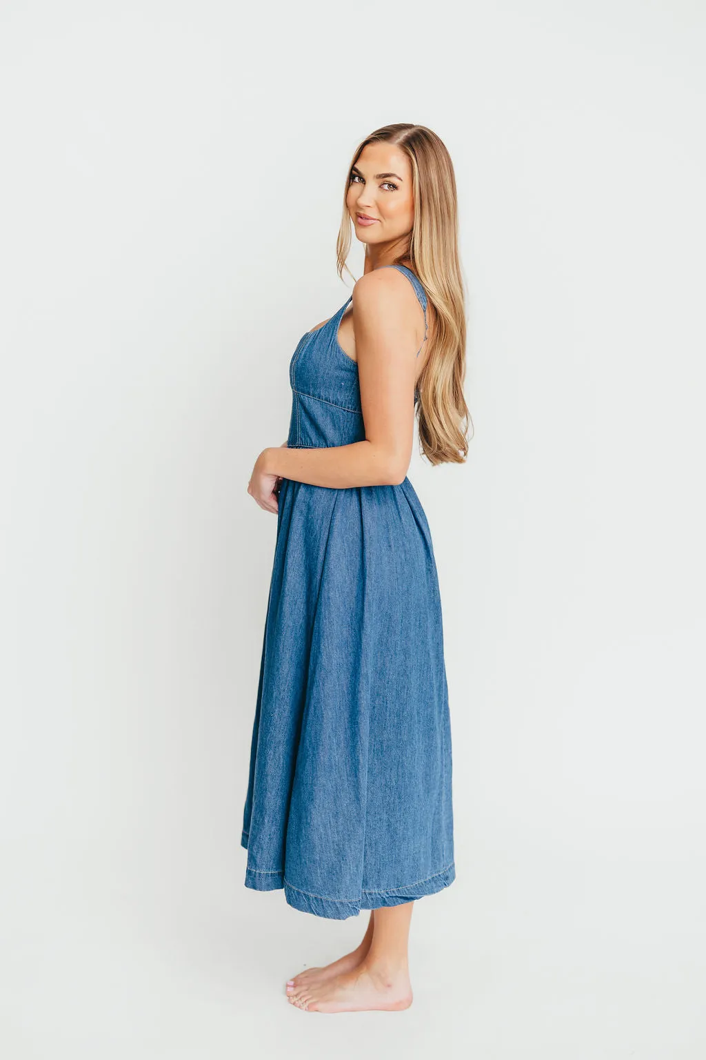 Frankie 100% Cotton Bustier Midi Dress in Denim