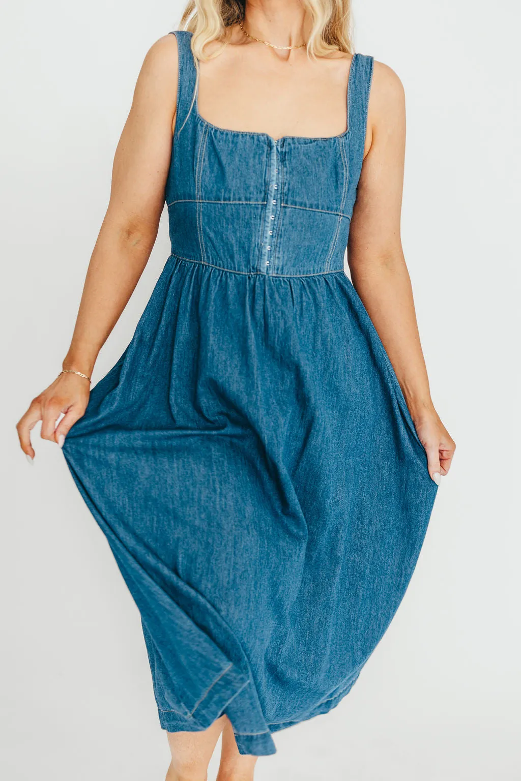 Frankie 100% Cotton Bustier Midi Dress in Denim