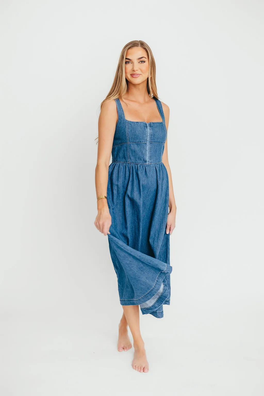 Frankie 100% Cotton Bustier Midi Dress in Denim
