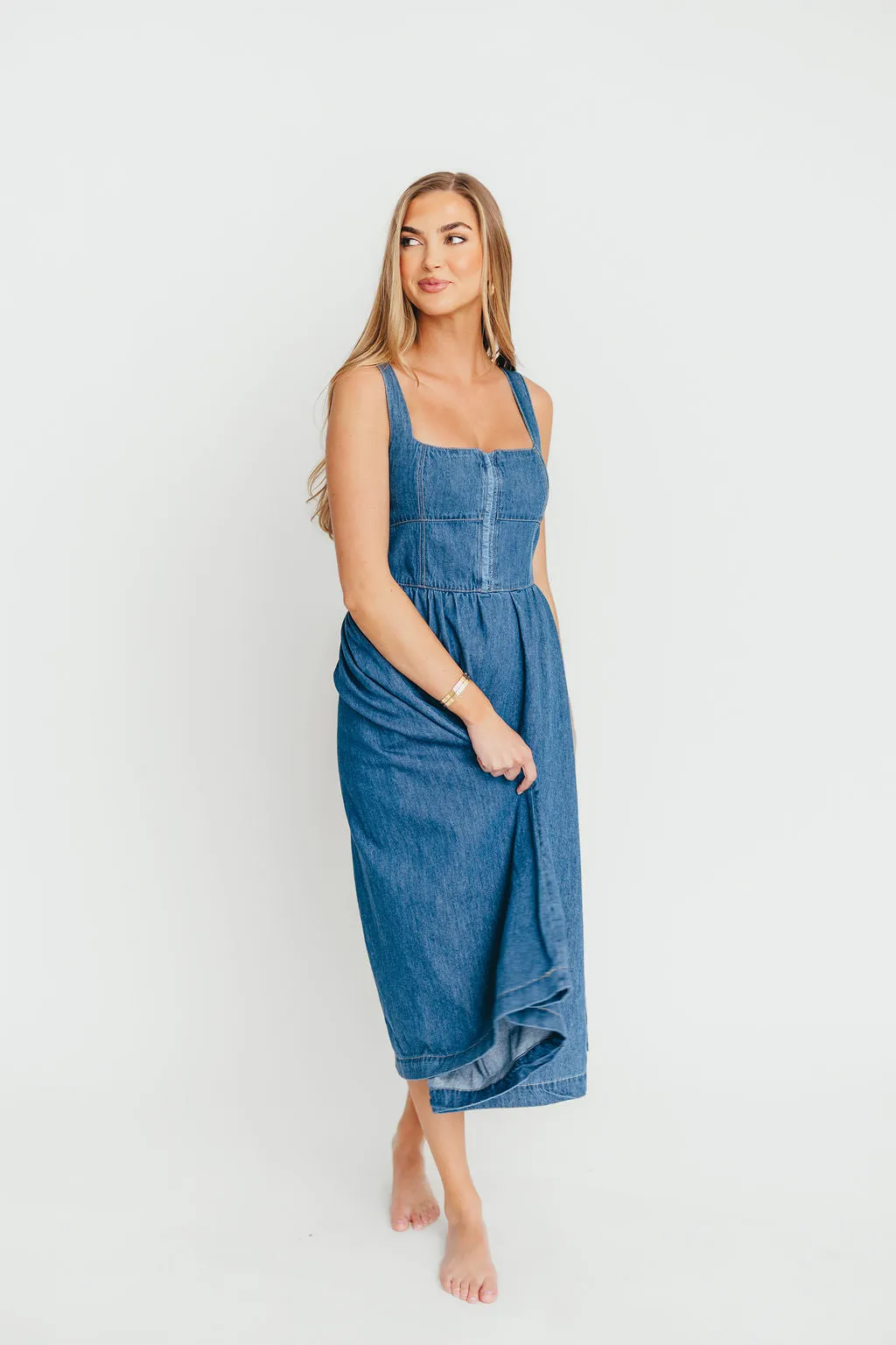 Frankie 100% Cotton Bustier Midi Dress in Denim