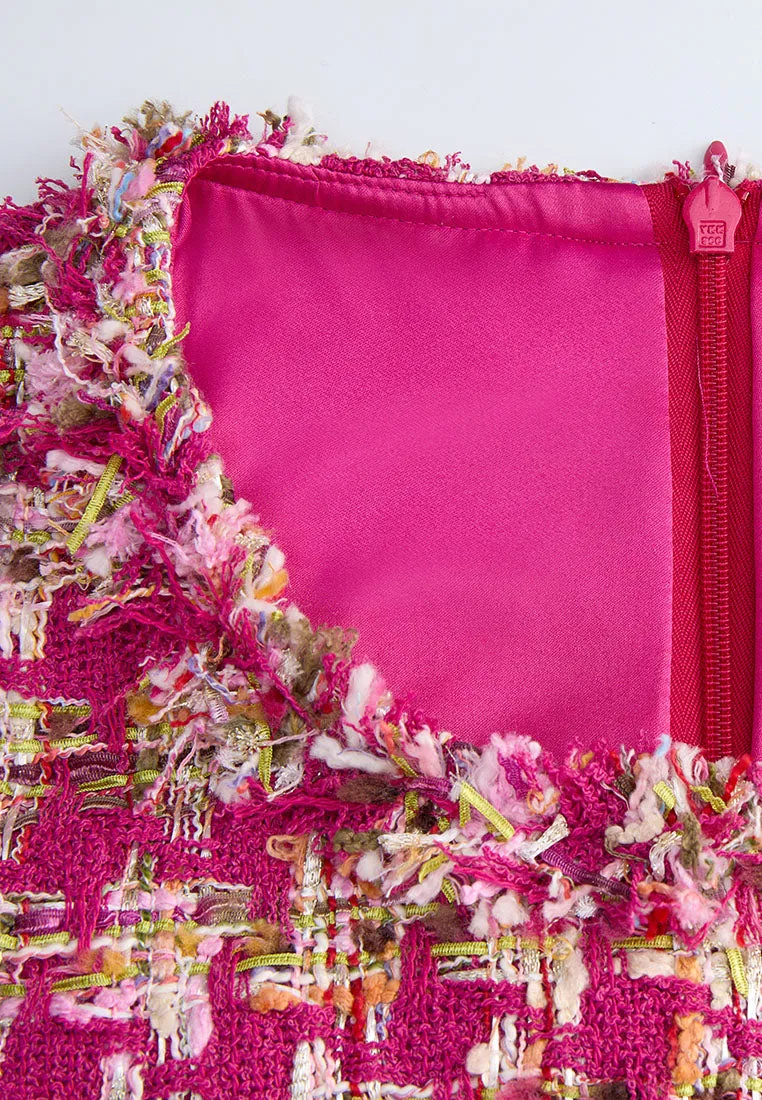 Fuchsia Houndstooth Frayed-trim Embellished Dress