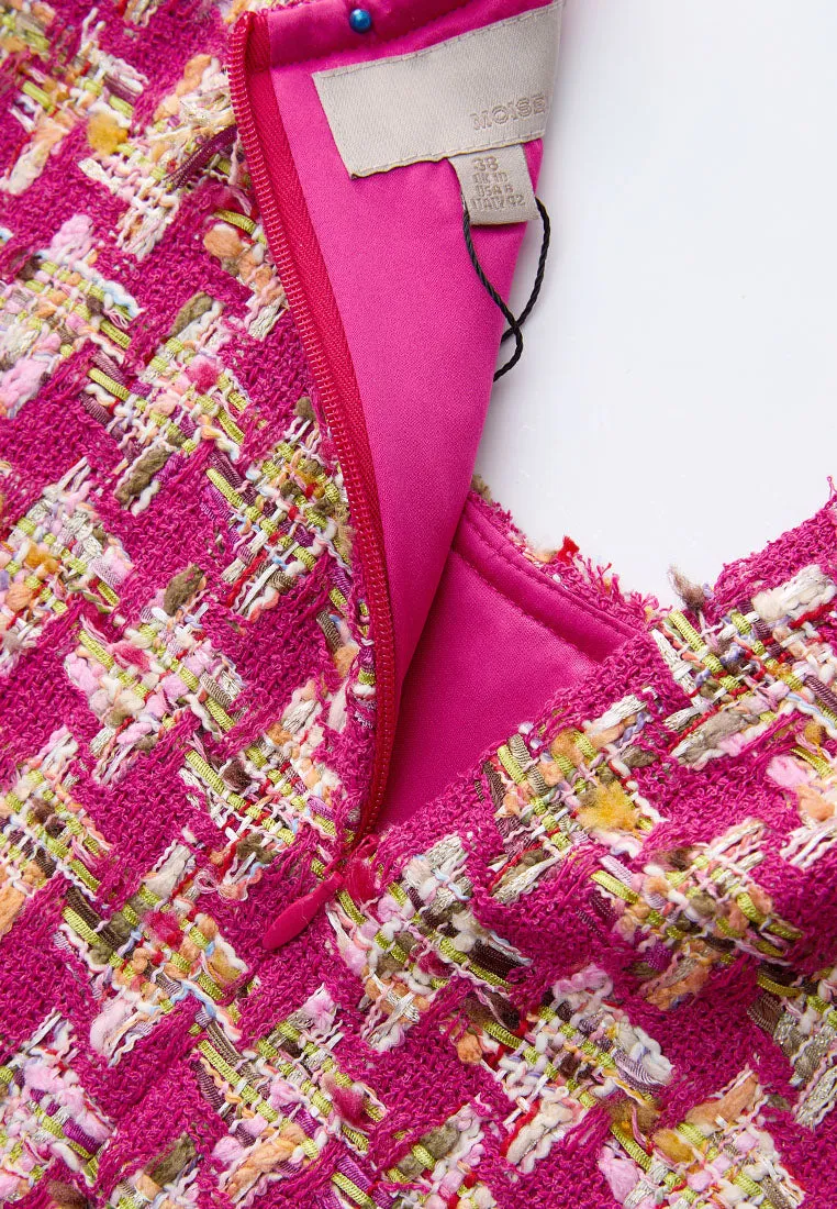 Fuchsia Houndstooth Frayed-trim Embellished Dress