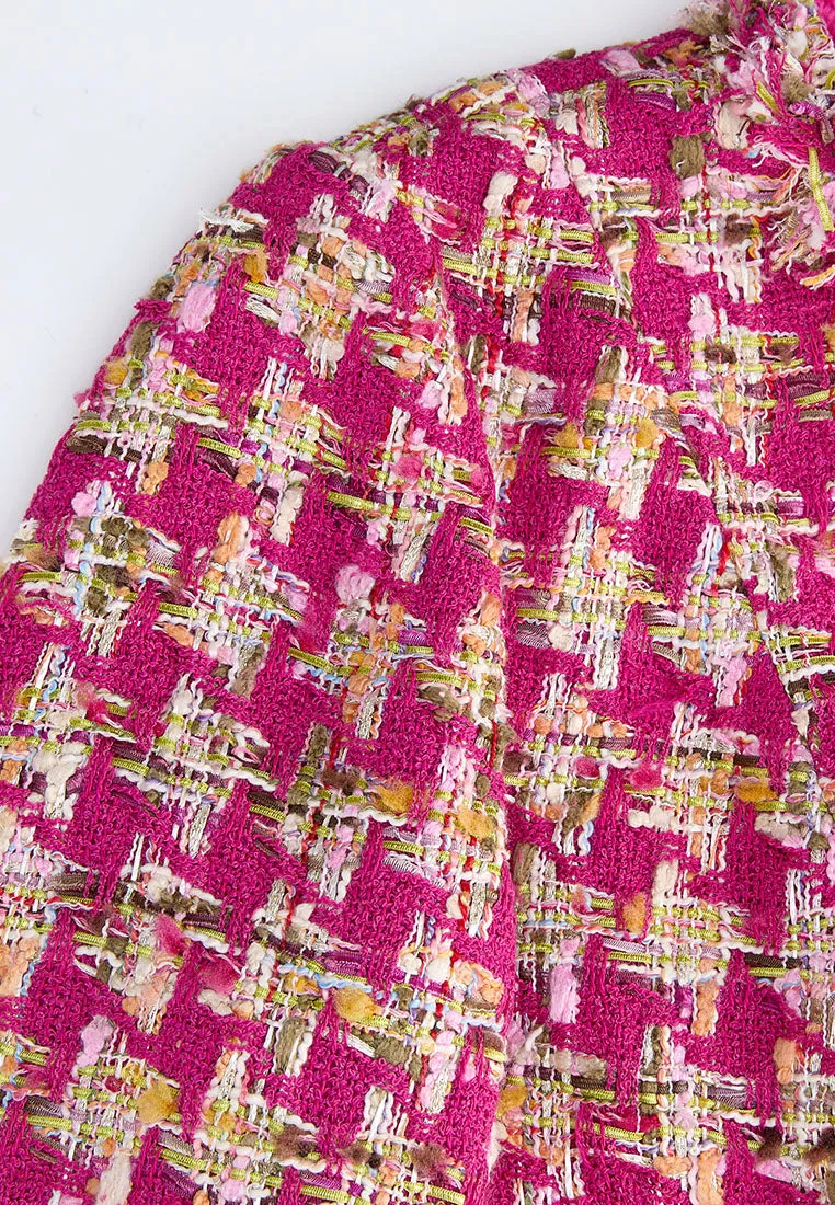Fuchsia Houndstooth Frayed-trim Embellished Dress