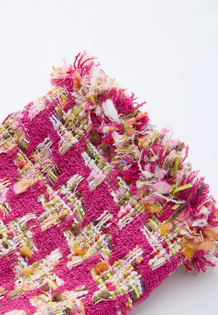 Fuchsia Houndstooth Frayed-trim Embellished Dress