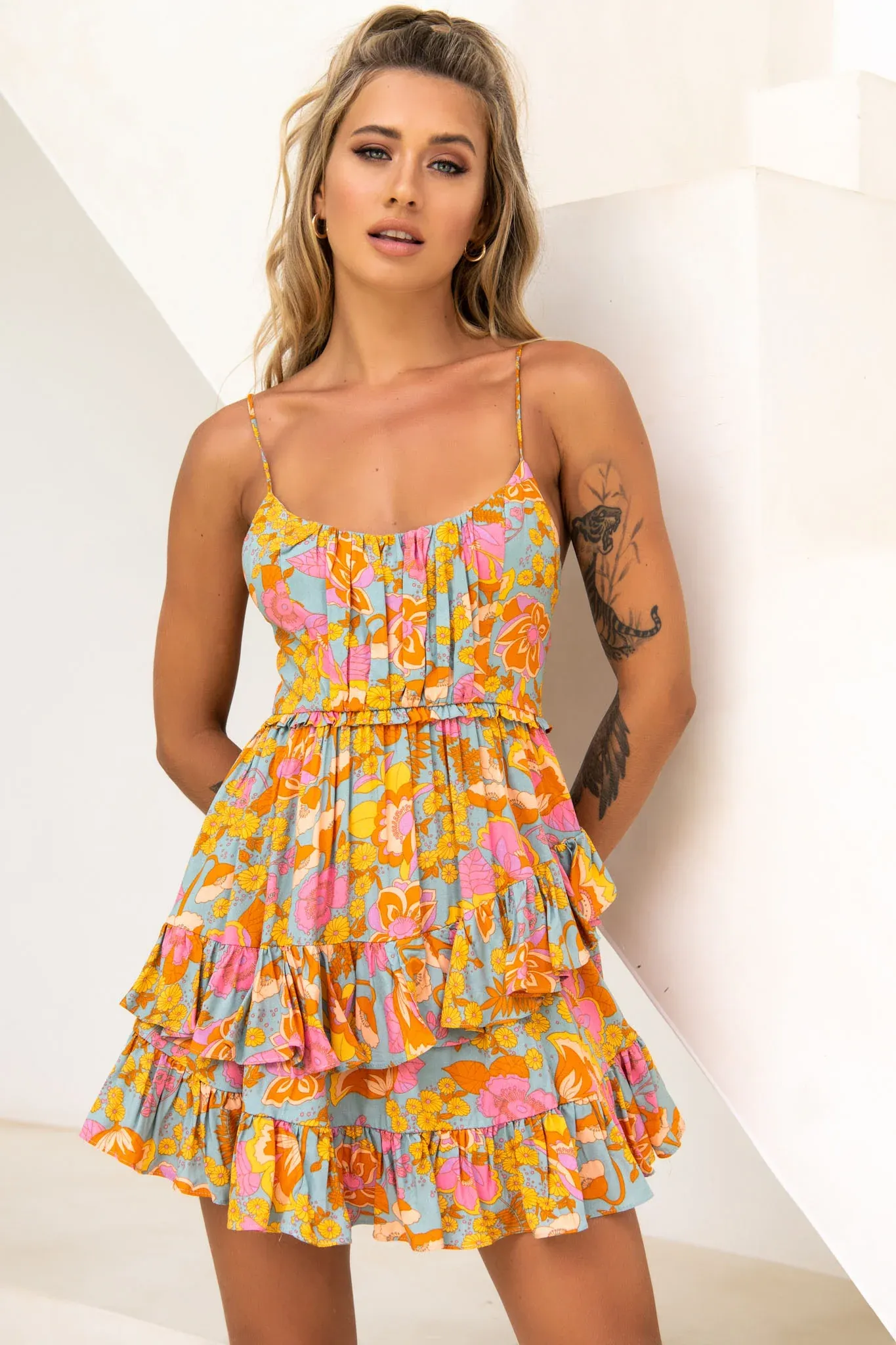 Geordie Ruched Bust Frill Trim Dress Floral Print Aqua Multi