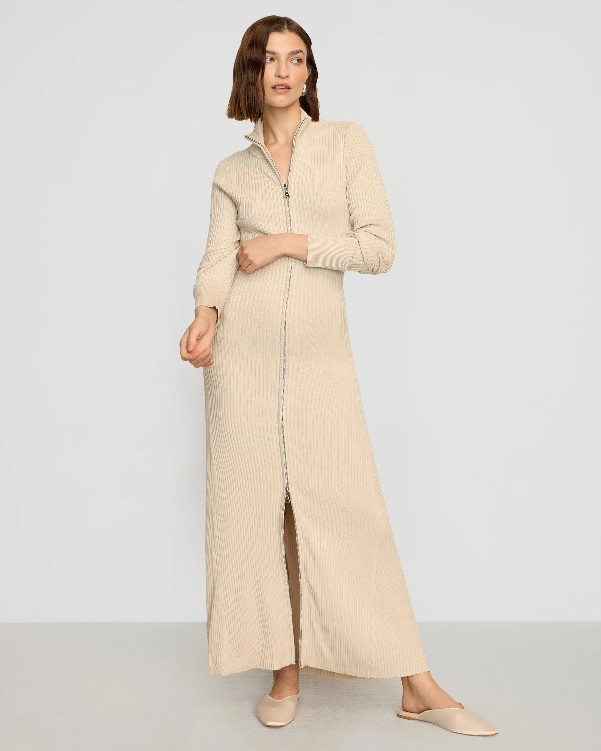 Janne Ribbed Two-Way Zip Sweater Dress