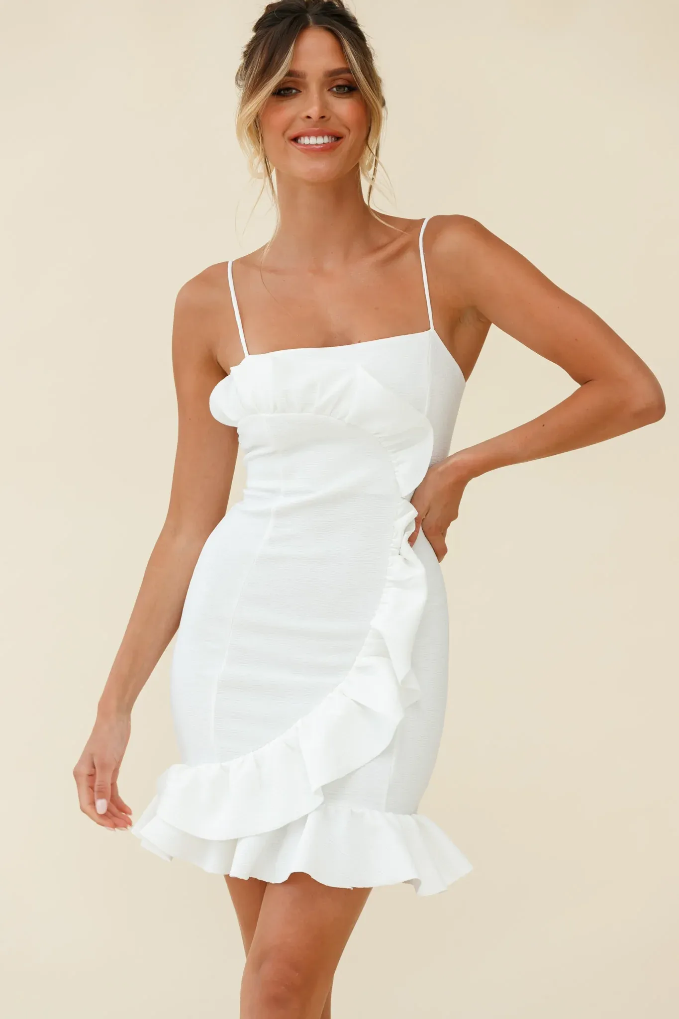 Juanita Half Moon Ruffle Detail Bodycon Dress White