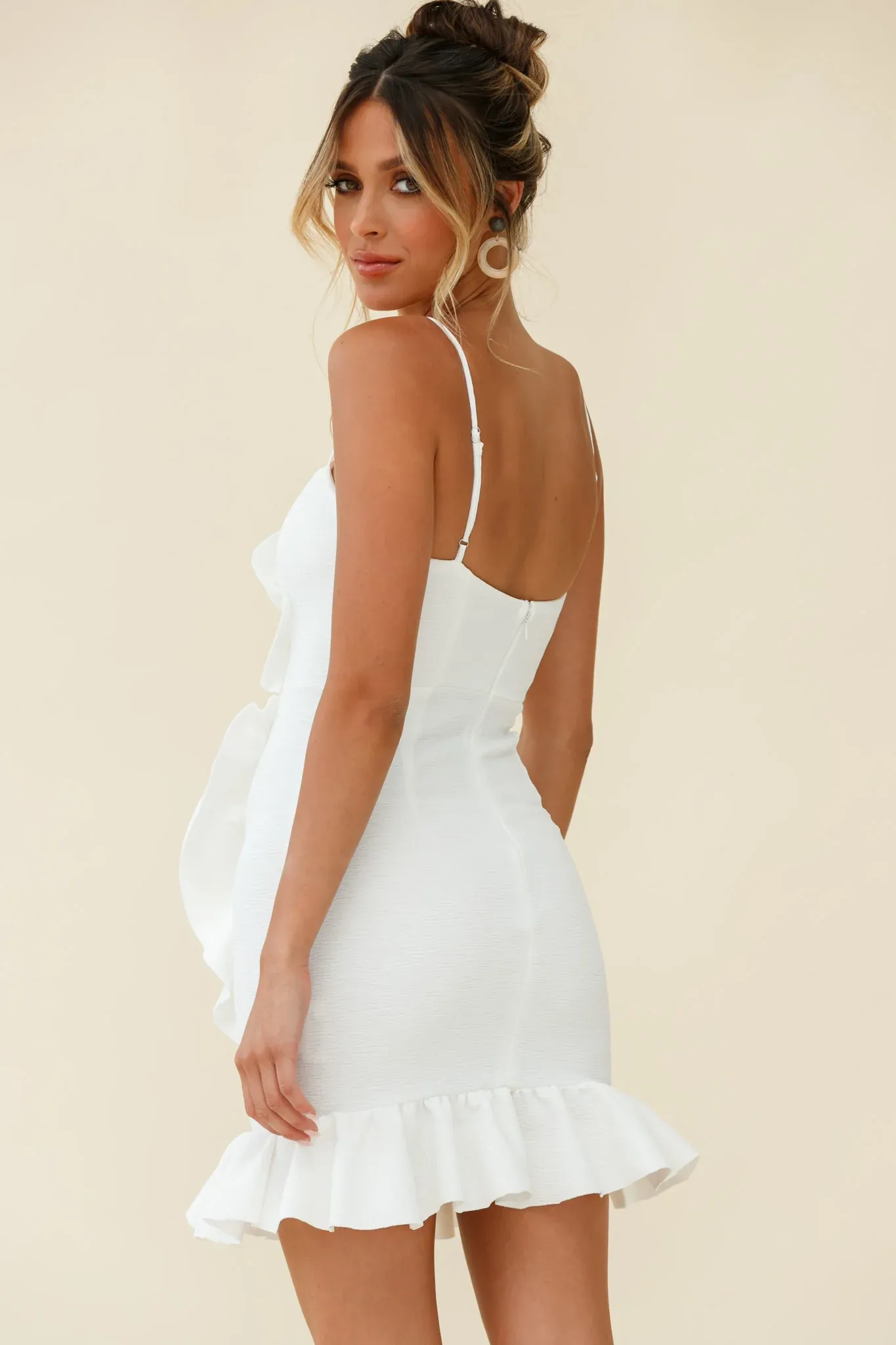 Juanita Half Moon Ruffle Detail Bodycon Dress White