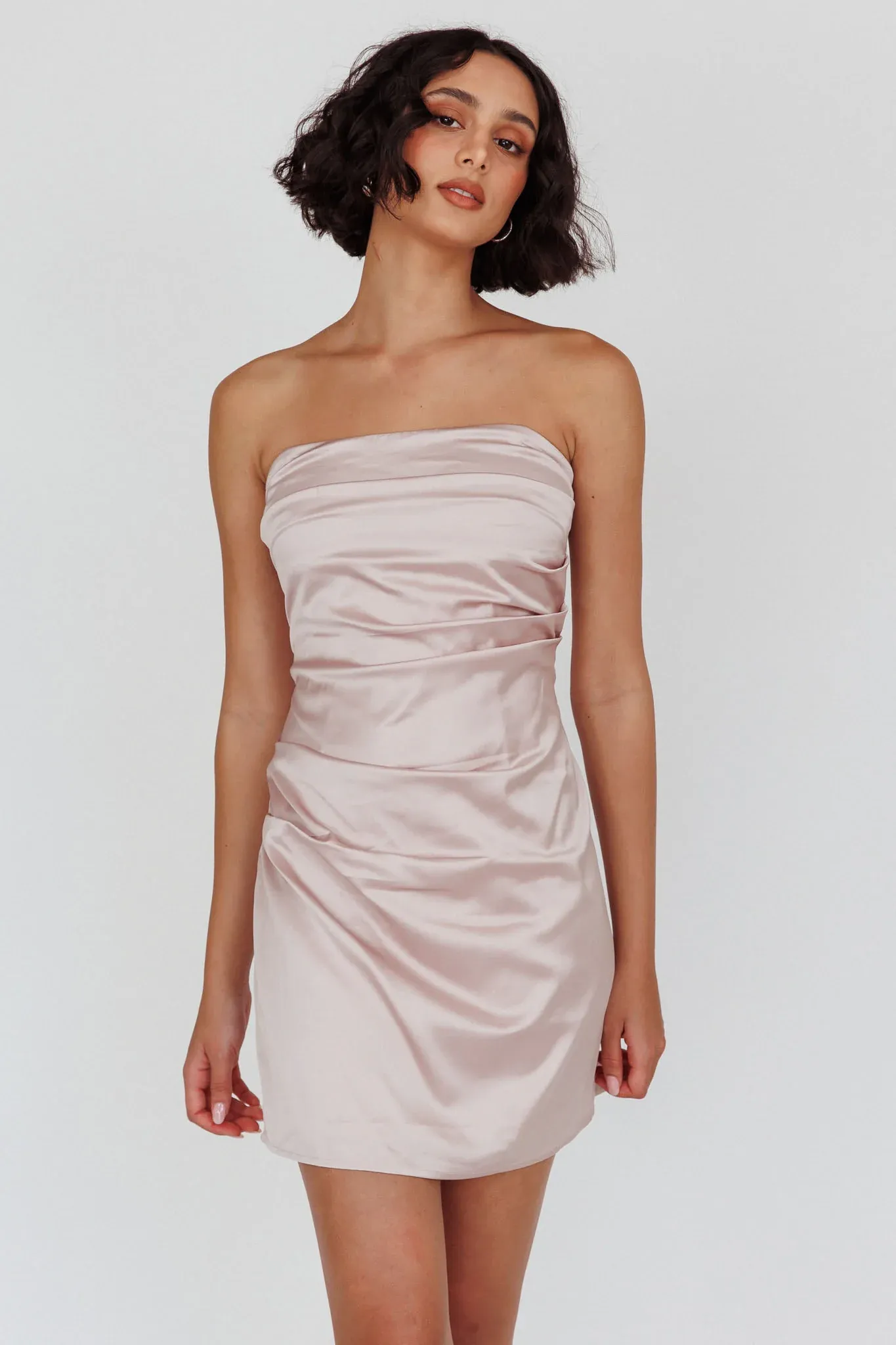 Love Waits Strapless Side Pleat Mini Dress Dirty Blush