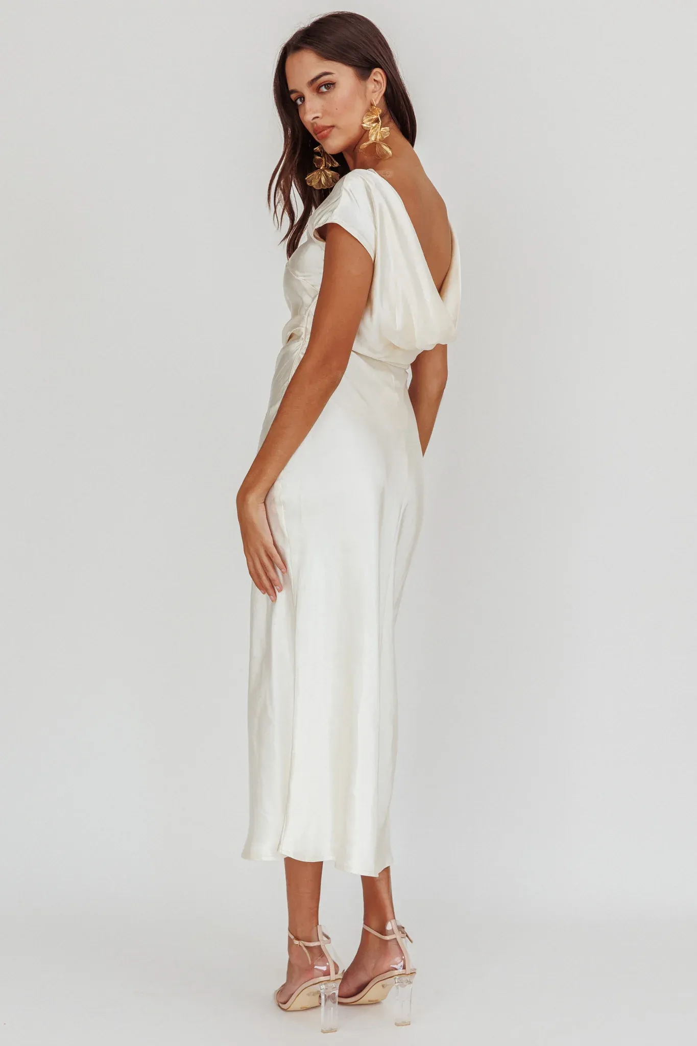 Loveland Cap Sleeve Cowl Back Midi Dress Oyster