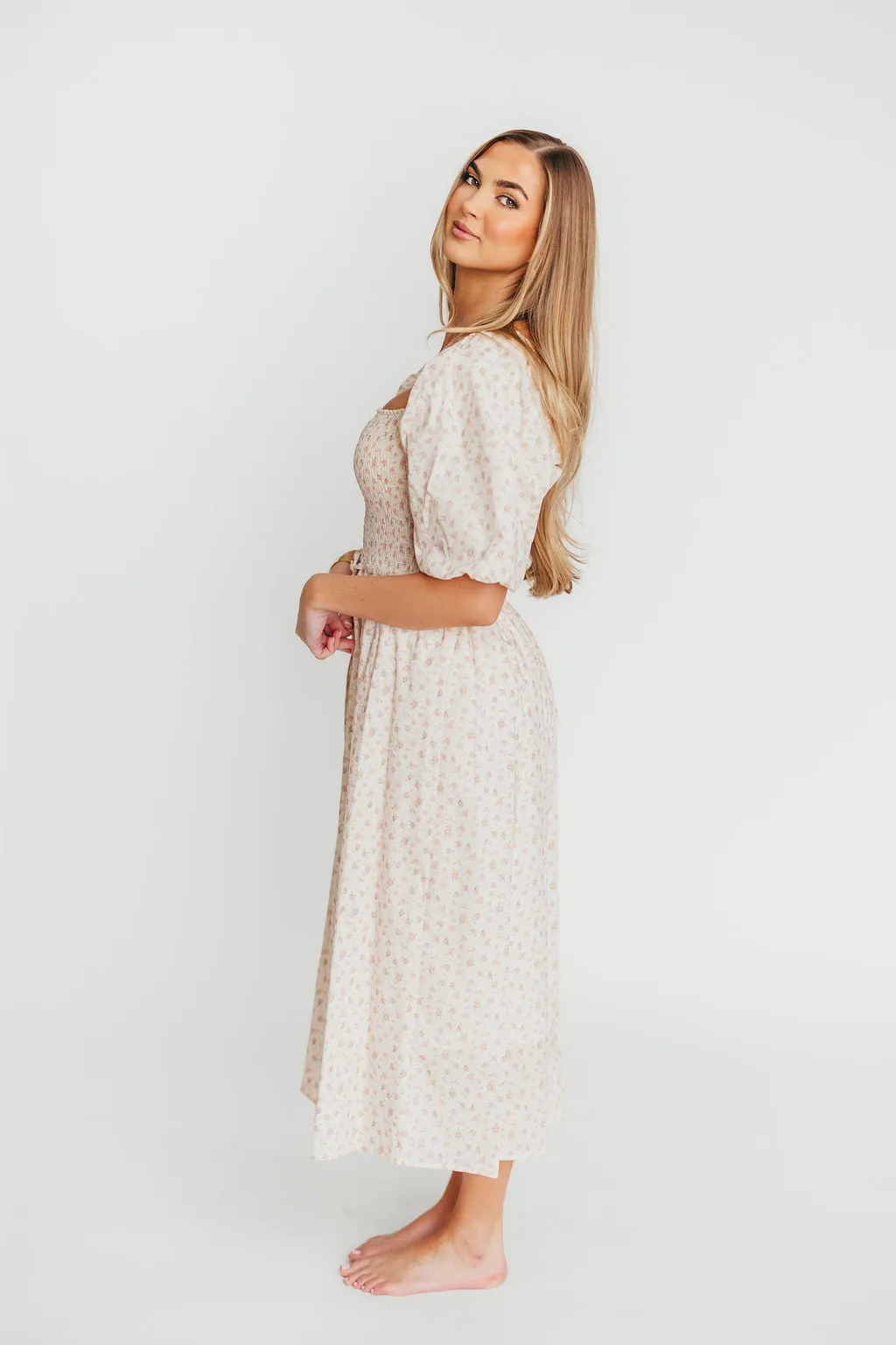Maeve 100% Cotton Puff Sleeve Midi Dress in Dainty Pink Floral