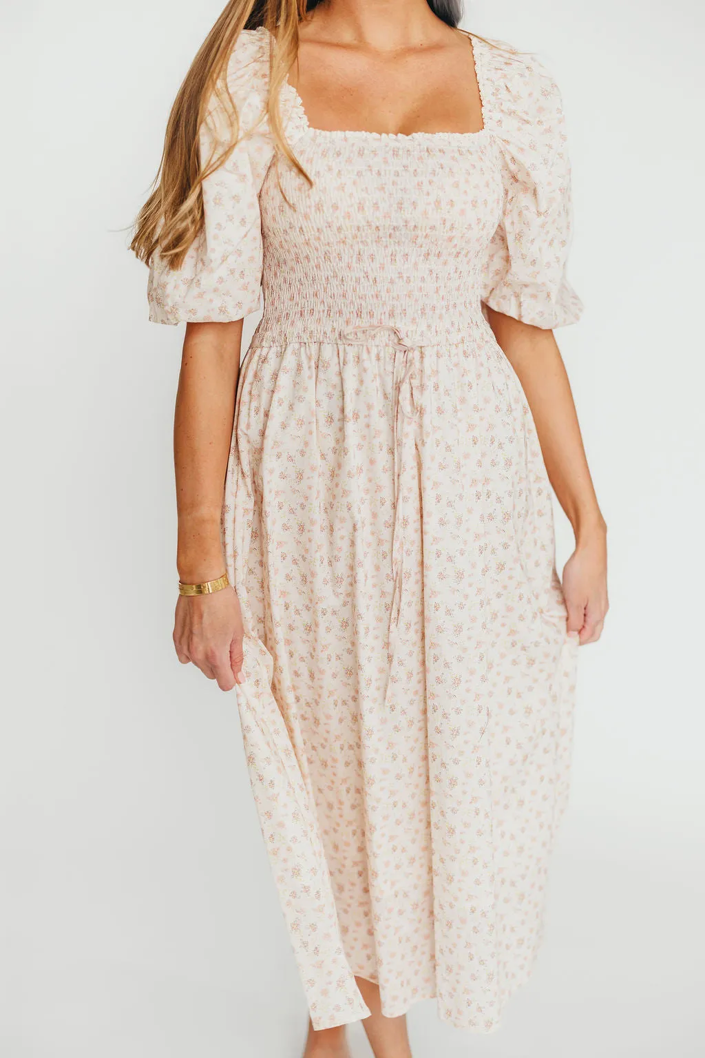 Maeve 100% Cotton Puff Sleeve Midi Dress in Dainty Pink Floral