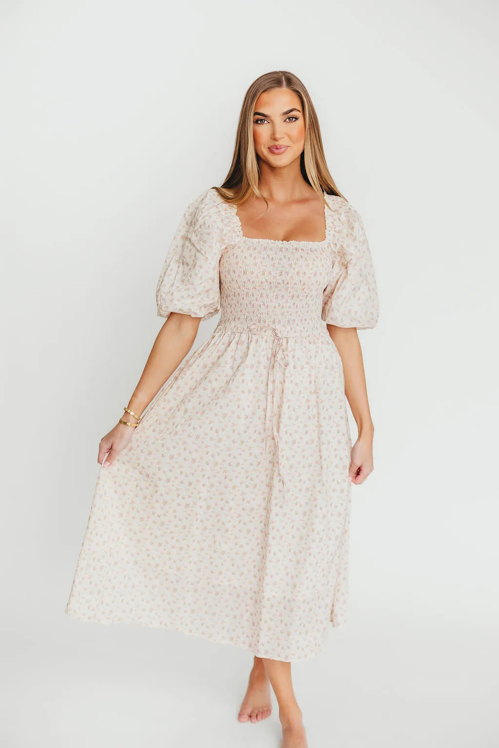 Maeve 100% Cotton Puff Sleeve Midi Dress in Dainty Pink Floral