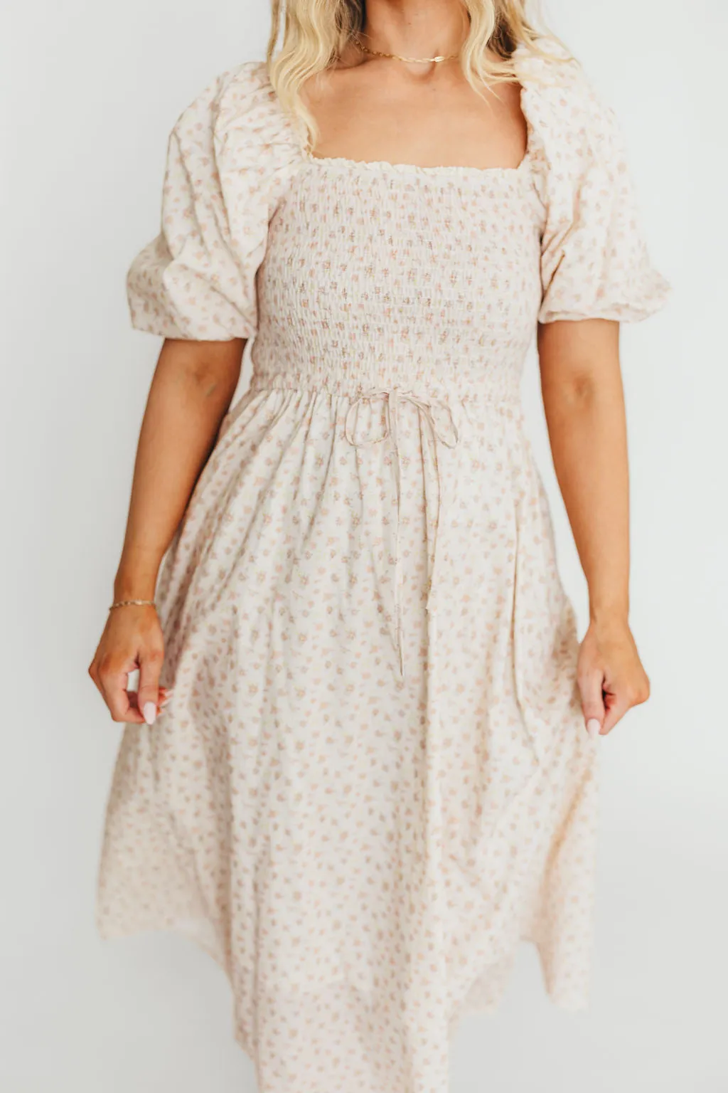 Maeve 100% Cotton Puff Sleeve Midi Dress in Dainty Pink Floral