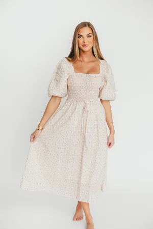 Maeve 100% Cotton Puff Sleeve Midi Dress in Dainty Pink Floral