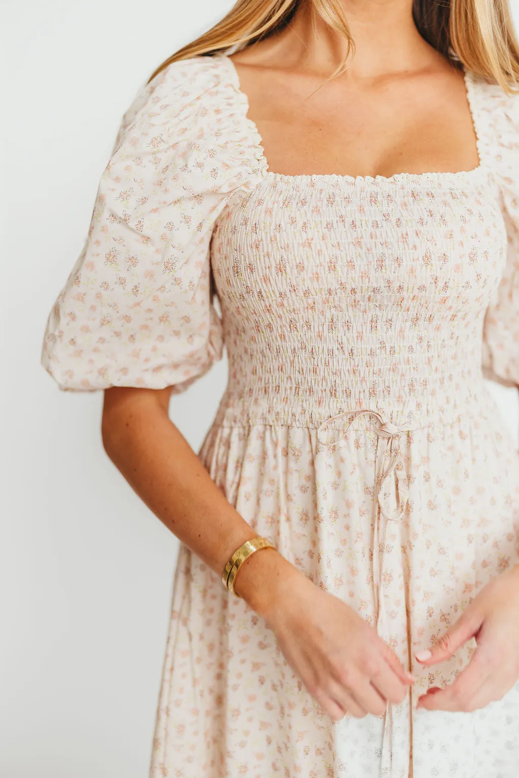 Maeve 100% Cotton Puff Sleeve Midi Dress in Dainty Pink Floral