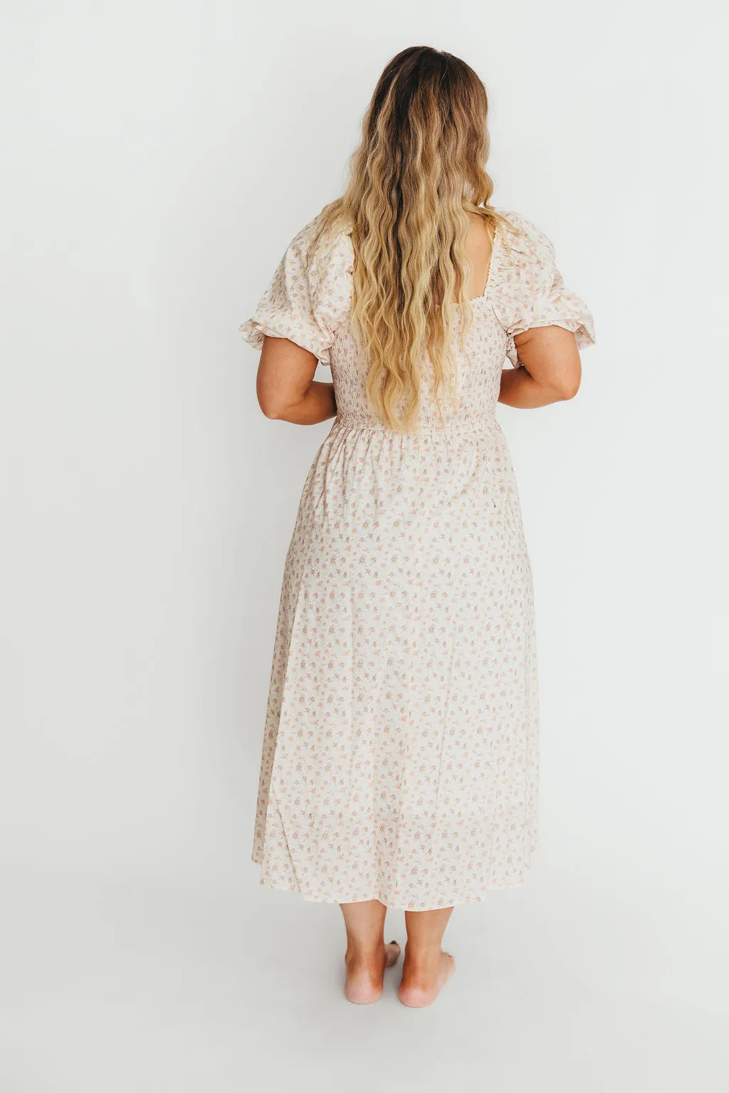 Maeve 100% Cotton Puff Sleeve Midi Dress in Dainty Pink Floral