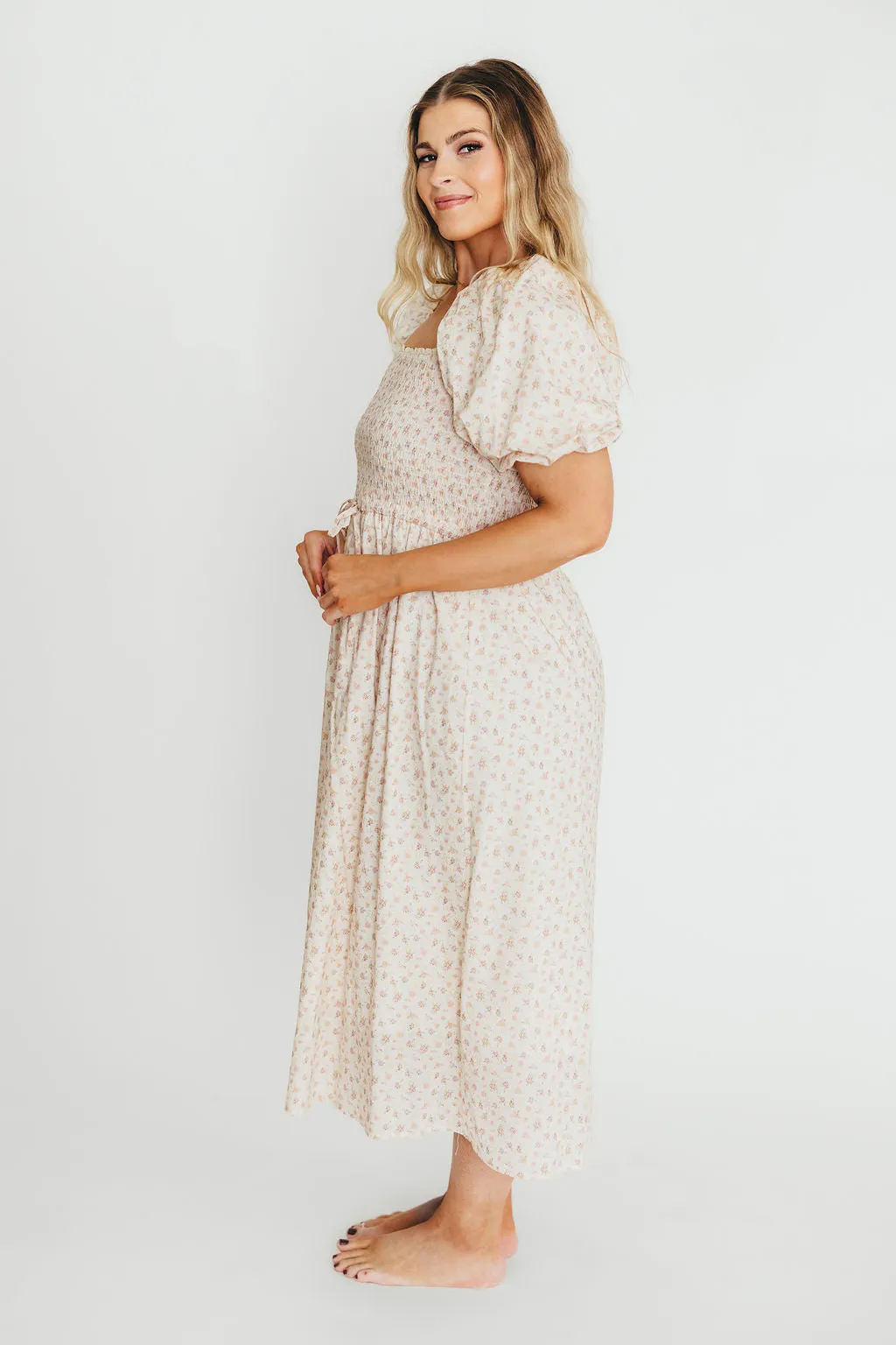 Maeve 100% Cotton Puff Sleeve Midi Dress in Dainty Pink Floral
