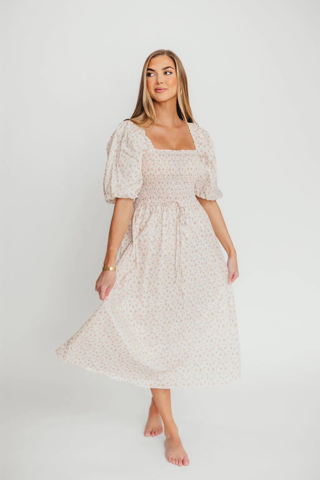 Maeve 100% Cotton Puff Sleeve Midi Dress in Dainty Pink Floral