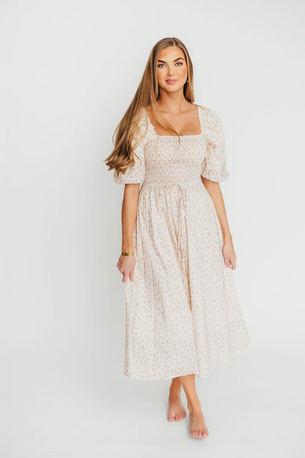 Maeve 100% Cotton Puff Sleeve Midi Dress in Dainty Pink Floral