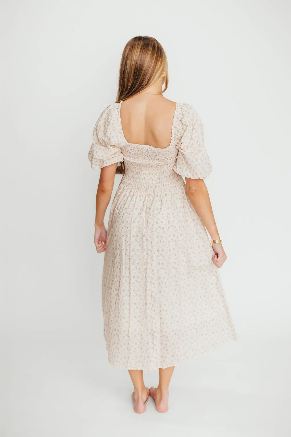 Maeve 100% Cotton Puff Sleeve Midi Dress in Dainty Pink Floral