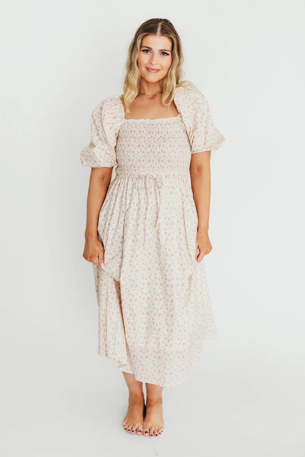 Maeve 100% Cotton Puff Sleeve Midi Dress in Dainty Pink Floral