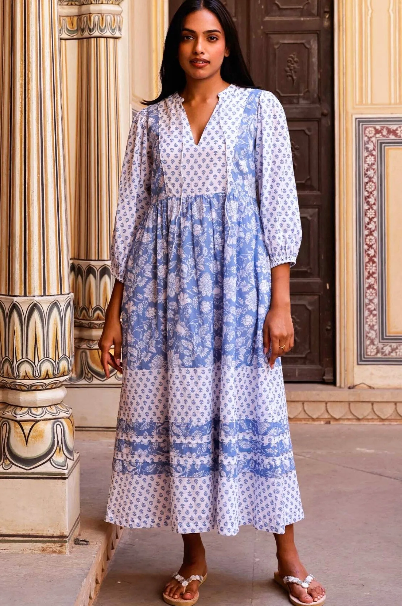 Martha Organic Cotton Print Mix Dress | Blossom Print Blue/White