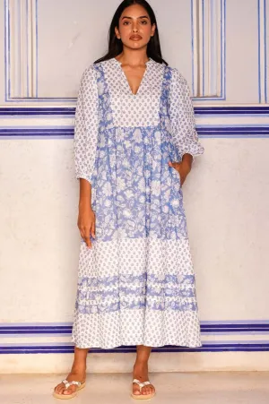 Martha Organic Cotton Print Mix Dress | Blossom Print Blue/White