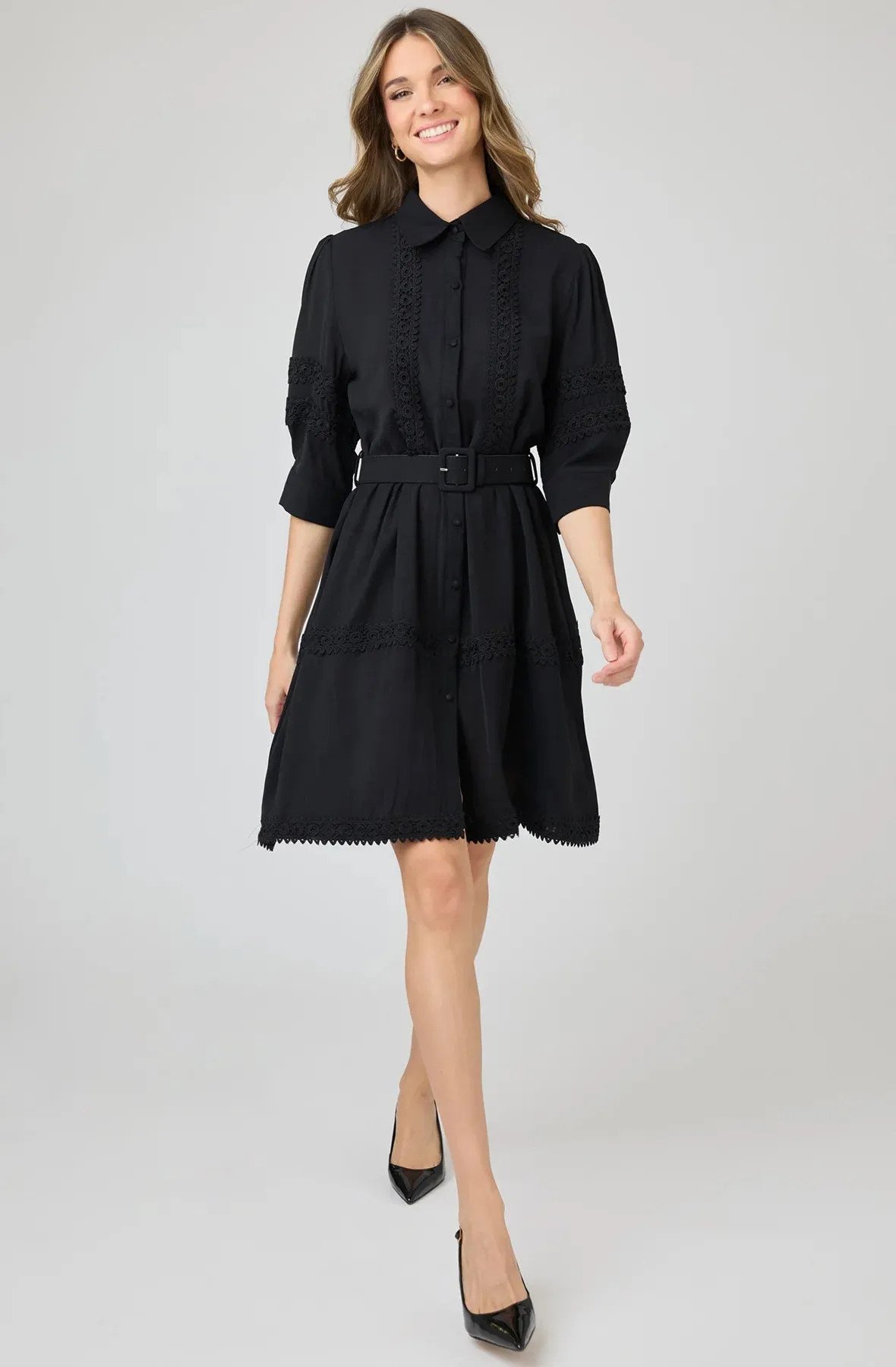 Midi Shirt Dress with Lace Accents