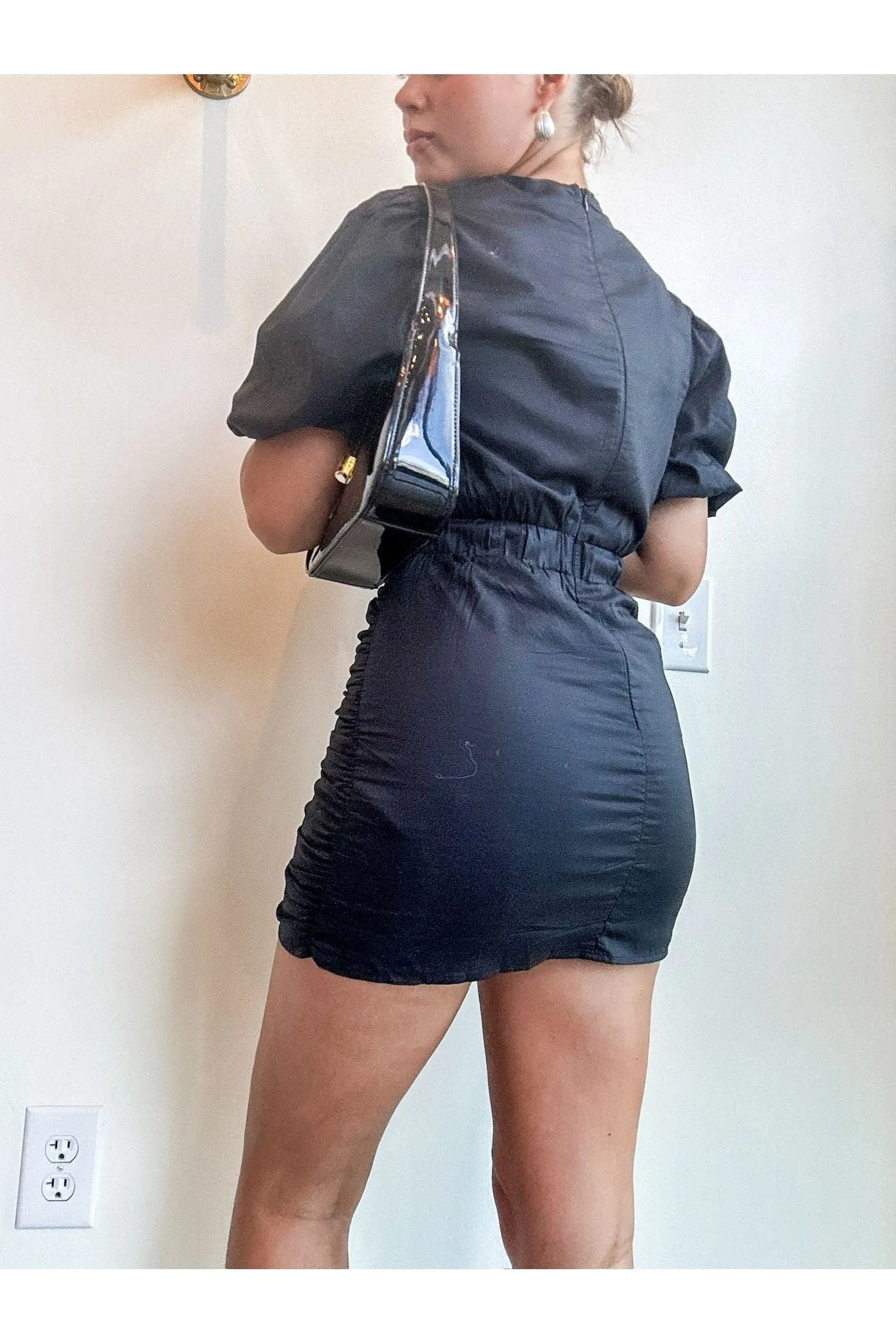 Midnight Charm Ruched Puff Sleeve Dress