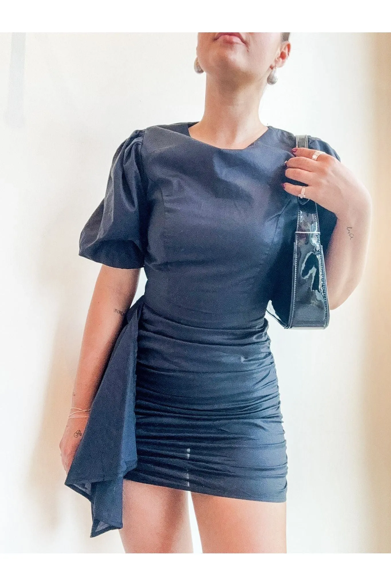 Midnight Charm Ruched Puff Sleeve Dress