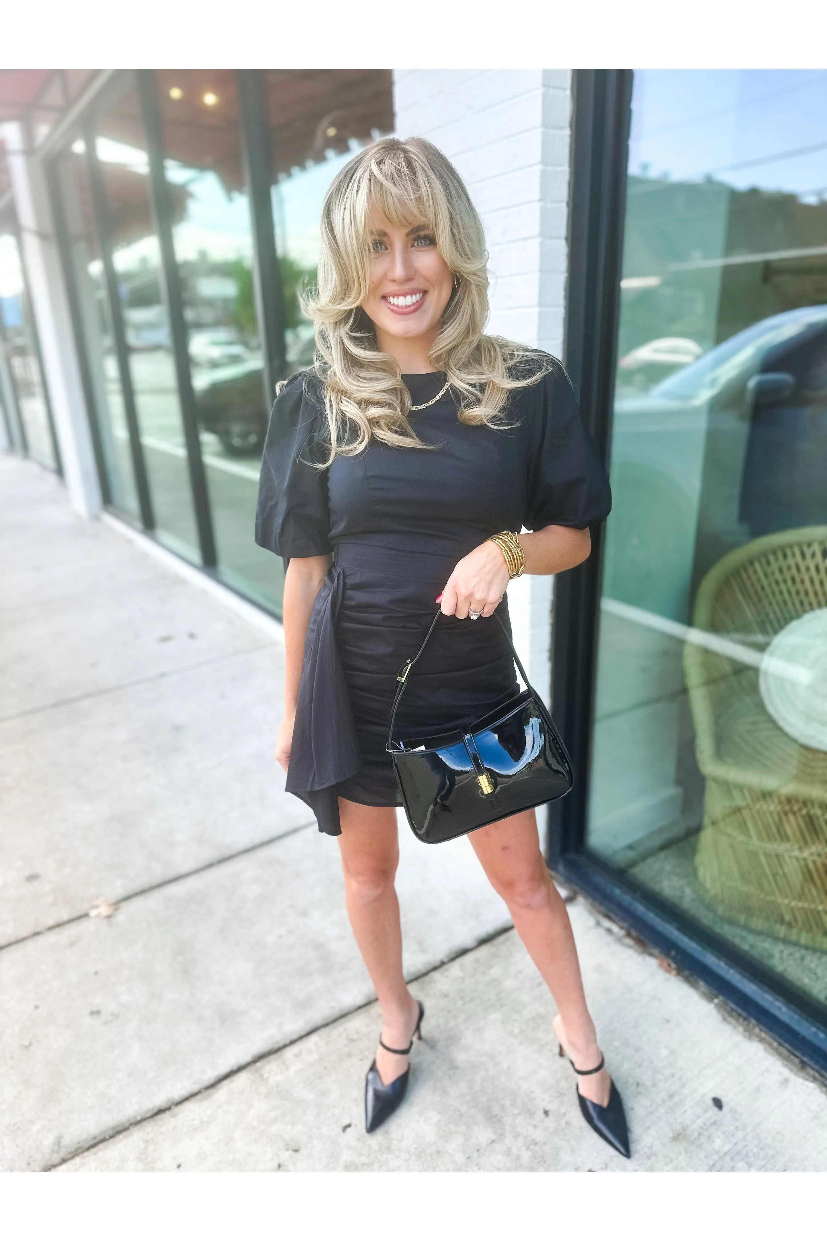 Midnight Charm Ruched Puff Sleeve Dress