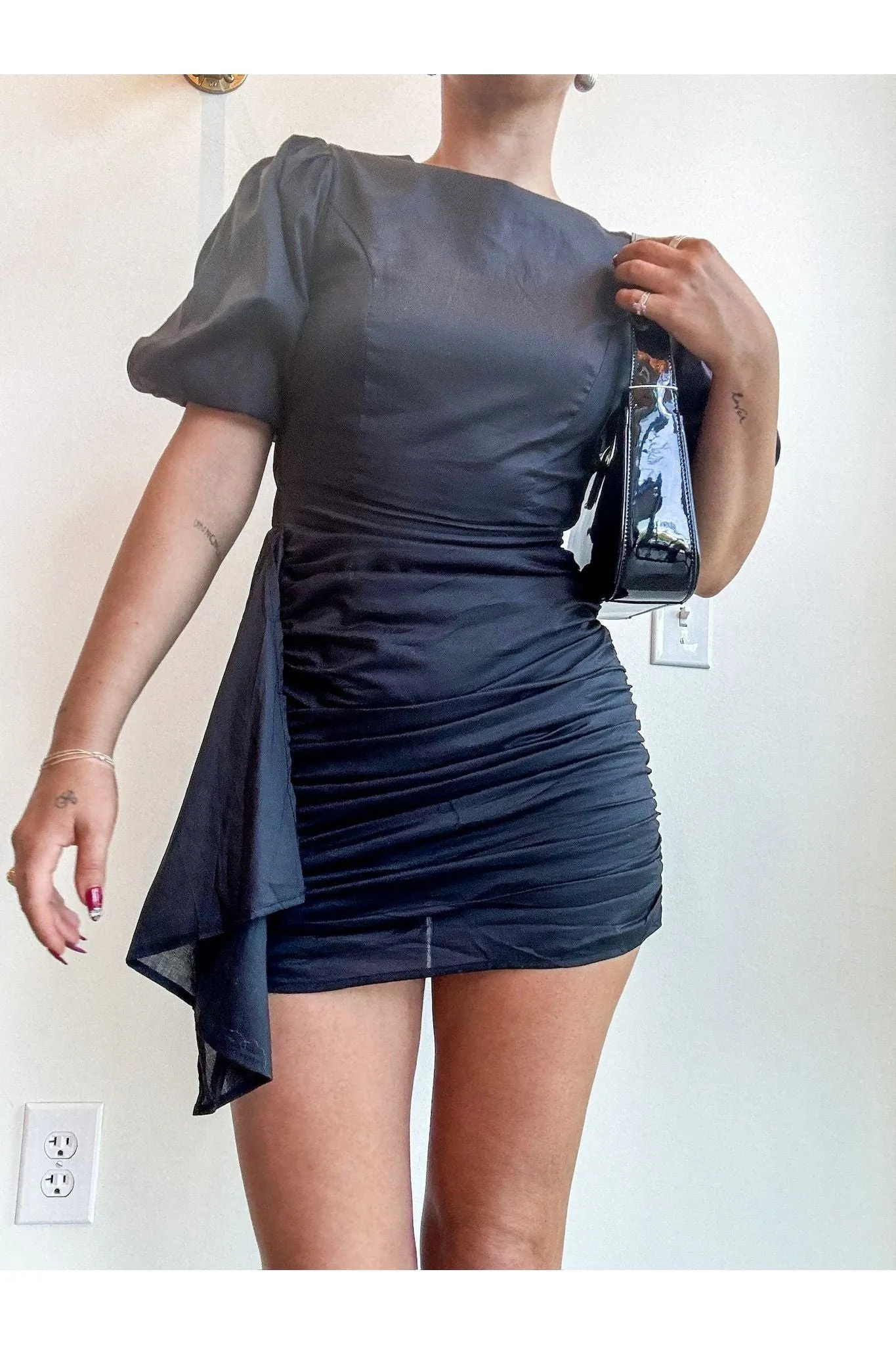 Midnight Charm Ruched Puff Sleeve Dress