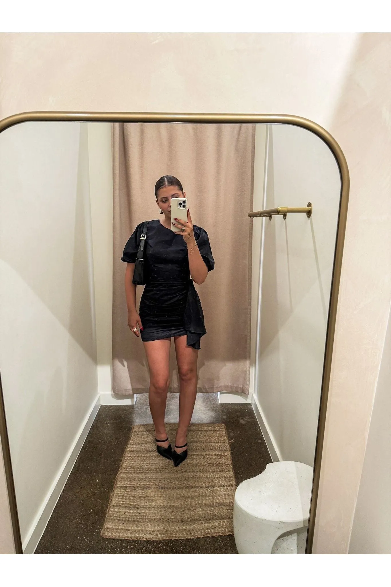 Midnight Charm Ruched Puff Sleeve Dress