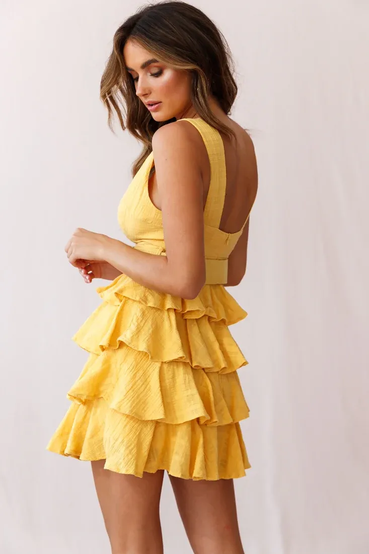 Queensland Tiered Frill Belt Dress Mustard
