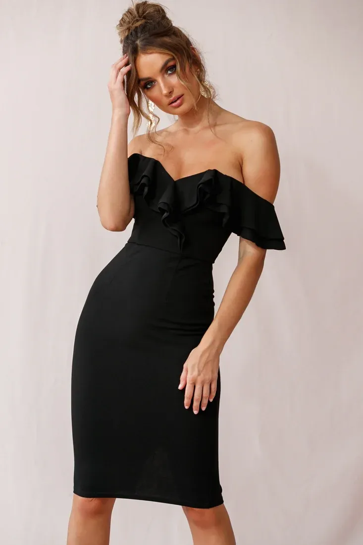 Rossi Ruffled Off The Shoulder Bodycon Dress Black
